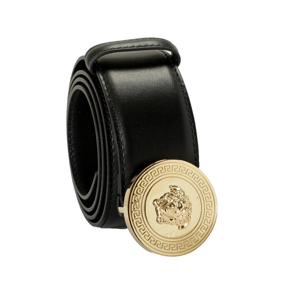 Versace Black 100%Leather Light Gold Medusa Head Logo Decorated Belt US 32 IT 80
